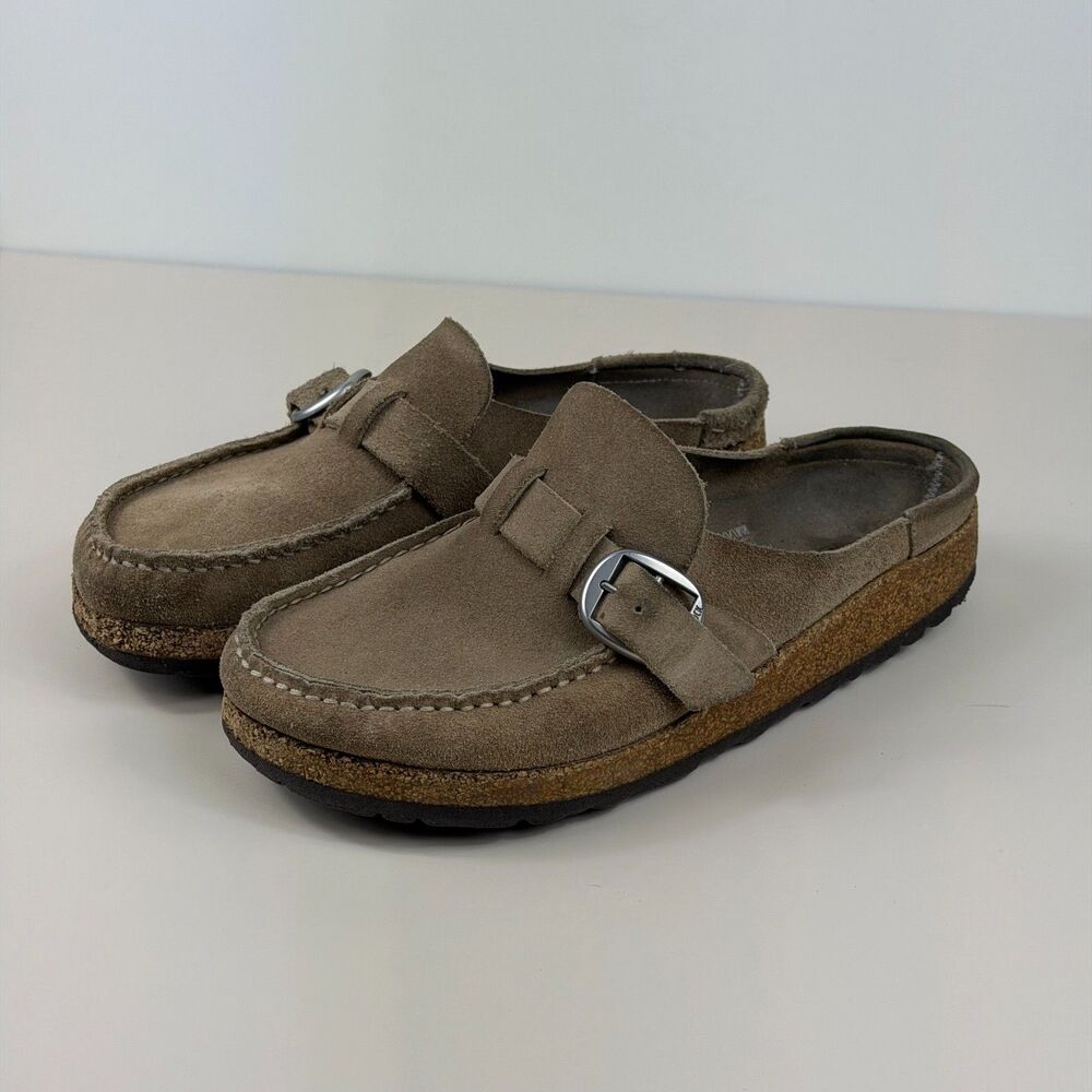 Birkenstock Buckley Clogs Womens 38 US 7 7.5 Taupe Suede Leather Narrow